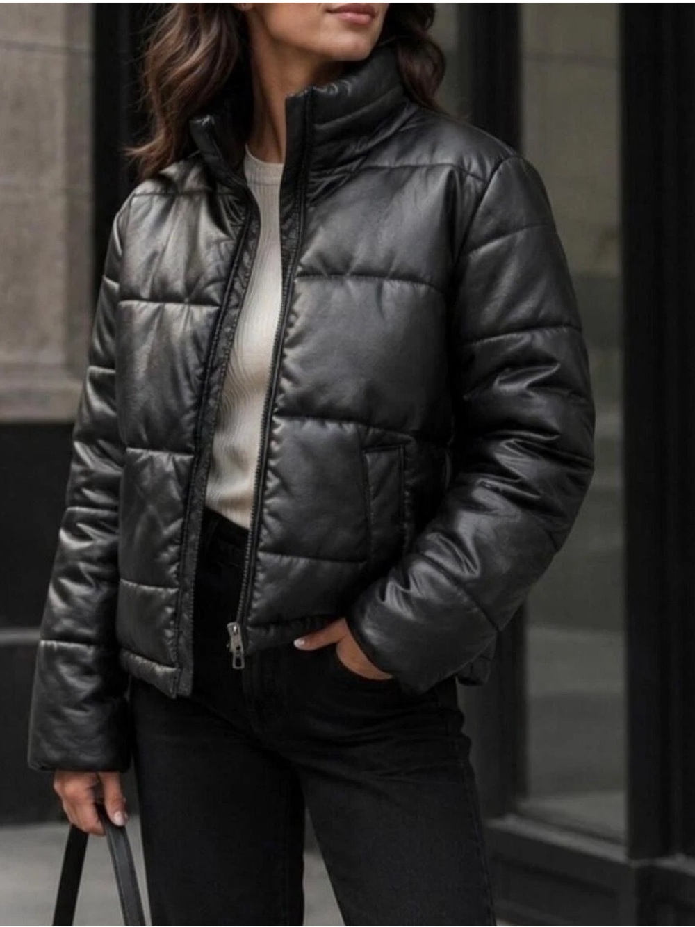 Avec Les Filles Black Faux Lesther Puffer Jacket with High Collar - Women XS EUC